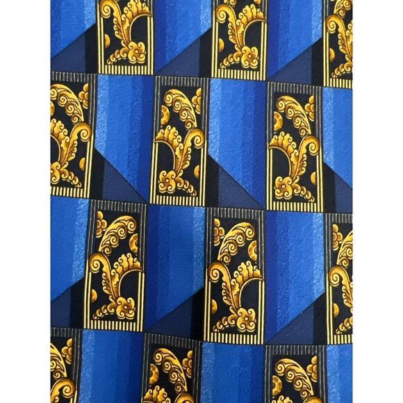 Lanvin Paris Men Blue Gold Art Deco Print Silk Neck Tie - Picture 2 of 4